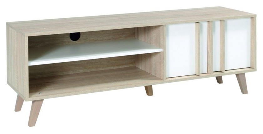 Meuble TV MALMO 150 cm coloris chêne clair et blanc