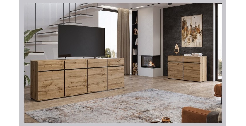 Buffet 120cm coloris chêne et noir collection HAVANA. Bahut  design avec 2 portes et 2 tiroirs.