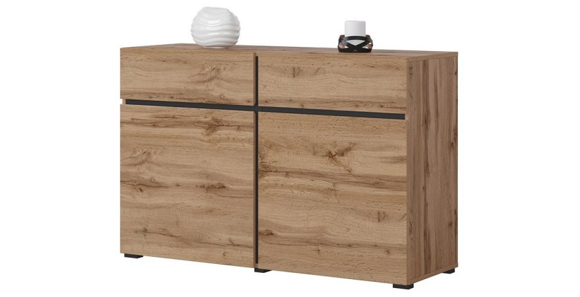 Buffet 120cm coloris chêne et noir collection HAVANA. Bahut  design avec 2 portes et 2 tiroirs.