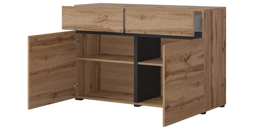 Buffet 120cm coloris chêne et noir collection HAVANA. Bahut  design avec 2 portes et 2 tiroirs.