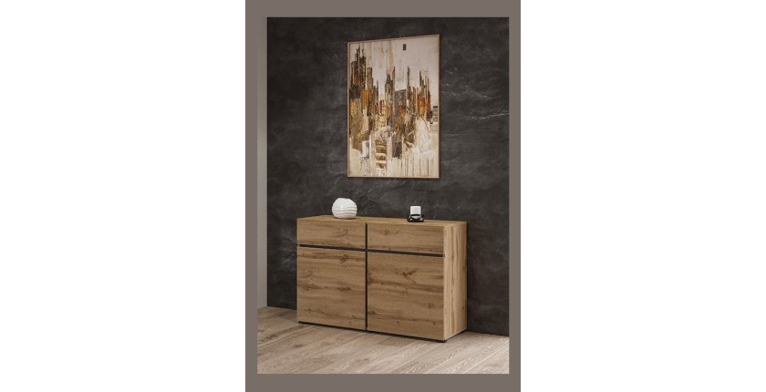 Buffet 120cm coloris chêne et noir collection HAVANA. Bahut  design avec 2 portes et 2 tiroirs.