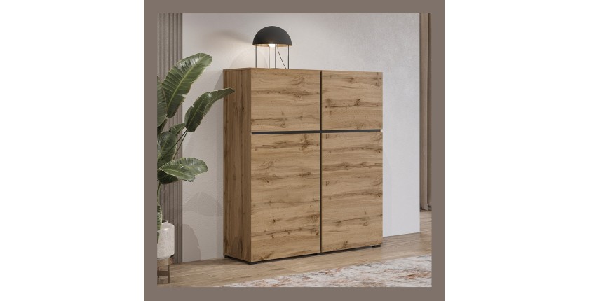 Buffet haut coloris chêne et noir L120xH140xP40 collection HAVANA. Bahut  haut design avec 4 portes.