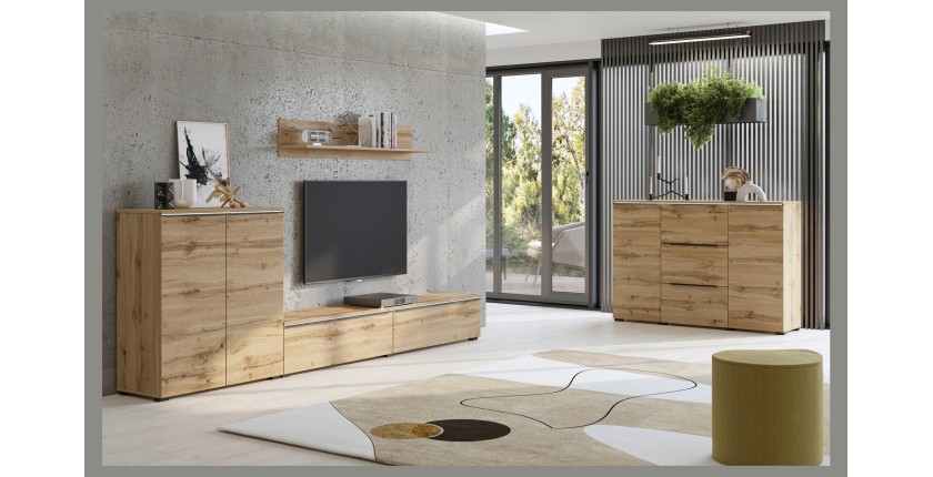 Ensemble de meubles de salon ALICE – Étagère, Buffet 2 portes, Meuble TV en chêne wotan avec éclairage LED