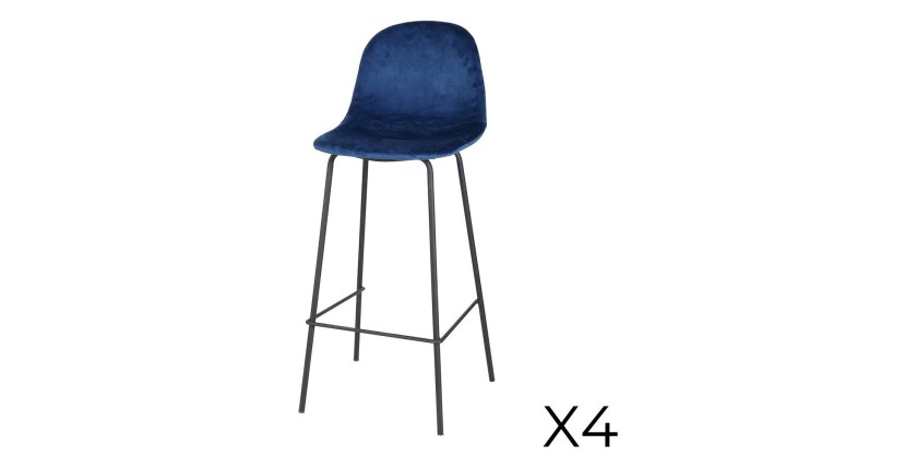 Lot de 4 tabourets de bar avec dossier en velours bleu et structure en métal collection LALY - Style industriel