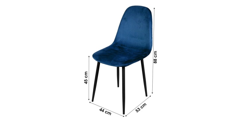 Lot de 4 chaises LOLY, assise et dossier en velours bleu, structure en métal noir