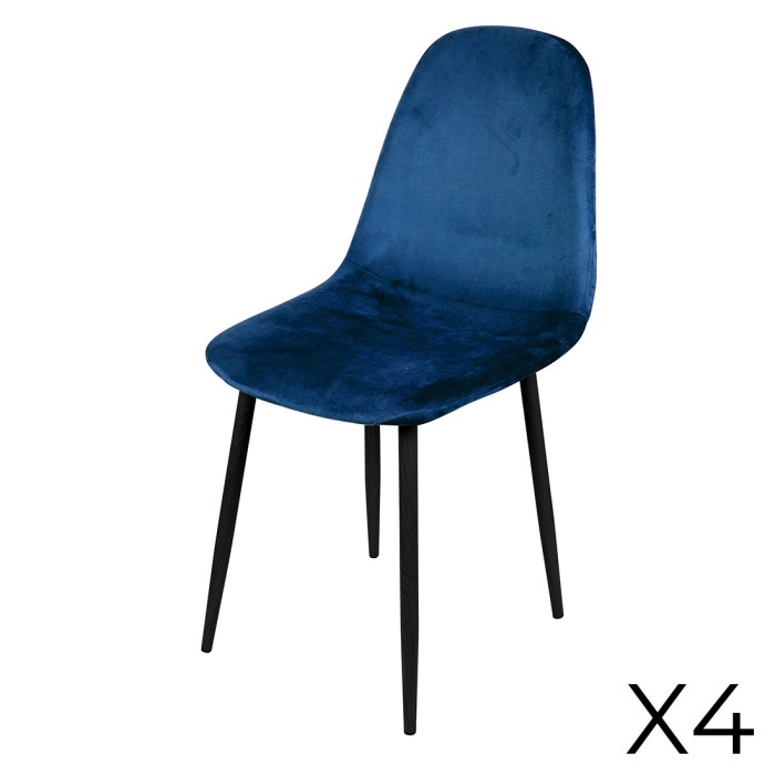 Lot de 4 chaises LOLY, assise et dossier en velours bleu, structure en métal noir