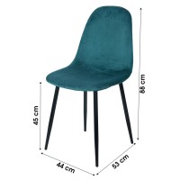 Lot de 4 chaises LOLY, assise et dossier en velours bleu canard, structure en métal noir