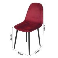 Lot de 4 chaises LOLY, assise et dossier en velours bordeaux, structure en métal noir