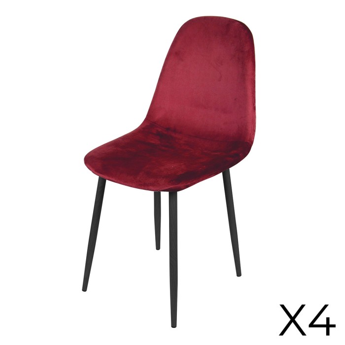 Lot de 4 chaises LOLY, assise et dossier en velours bordeaux, structure en métal noir