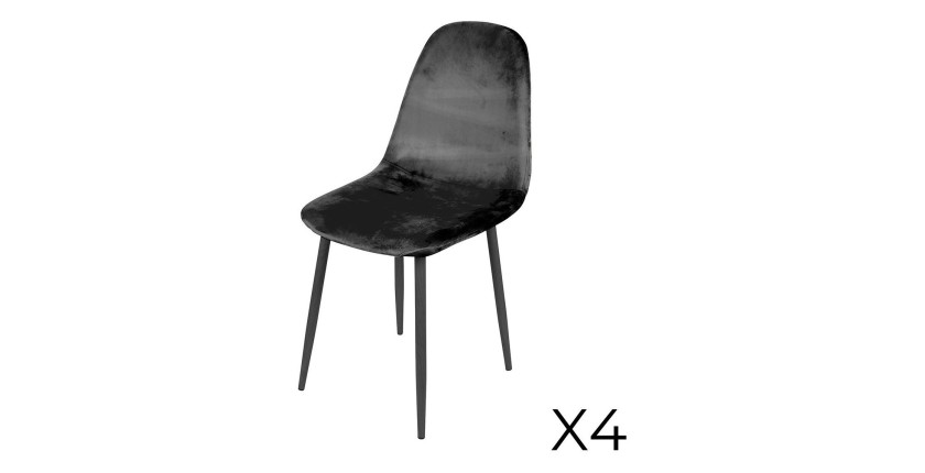 Lot de 4 chaises LOLY, assise et dossier en velours noir, structure en métal noir