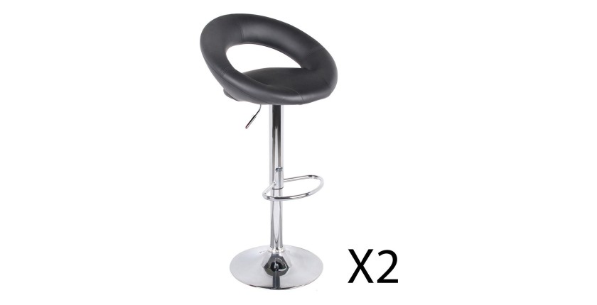 Lot de 2 tabourets de bar réglables en hauteur 77-97 cm – Assise simili cuir PU noir, pied en métal gris, diamètre 40 cm