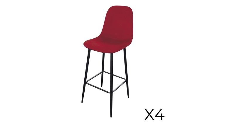 Lot de 4 tabourets LOLY, assise et dossier en velours bordeaux, structure en métal noir