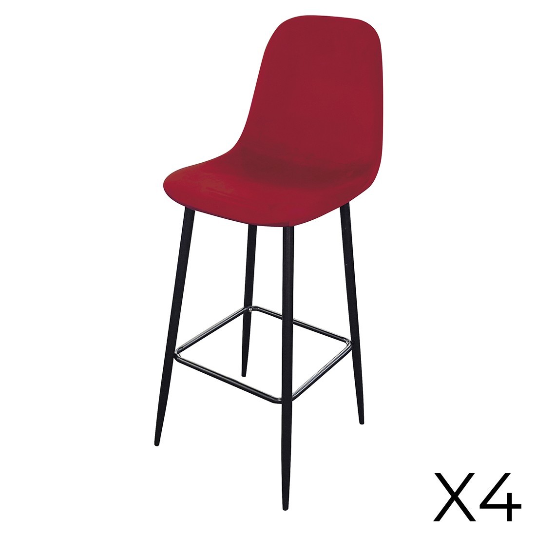 Lot de 4 tabourets LOLY, assise et dossier en velours bordeaux, structure en métal noir