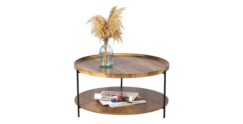 Table basse ronde JAYCE avec 2 niveaux, structure en métal noir, style ethnique