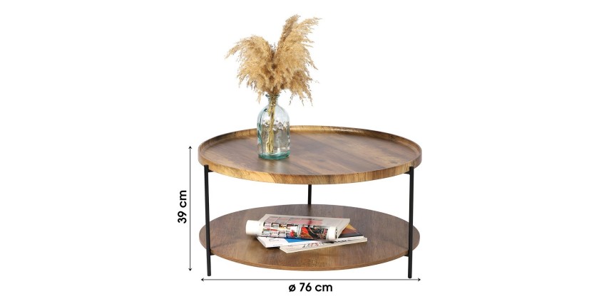 Table basse ronde JAYCE avec 2 niveaux, structure en métal noir, style ethnique