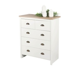 Commode avec 5 tiroirs design colonial – 80x39,5xH97,5 cm, coloris blanc et plateau chêne clair – Collection MADERA