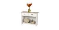 Console avec 1 étagère et 2 tiroirs design colonial – 97x35xH76 cm, coloris blanc et plateau chêne clair – Collection MADERA