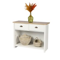 Console avec 1 étagère et 2 tiroirs design colonial – 97x35xH76 cm, coloris blanc et plateau chêne clair – Collection MADERA