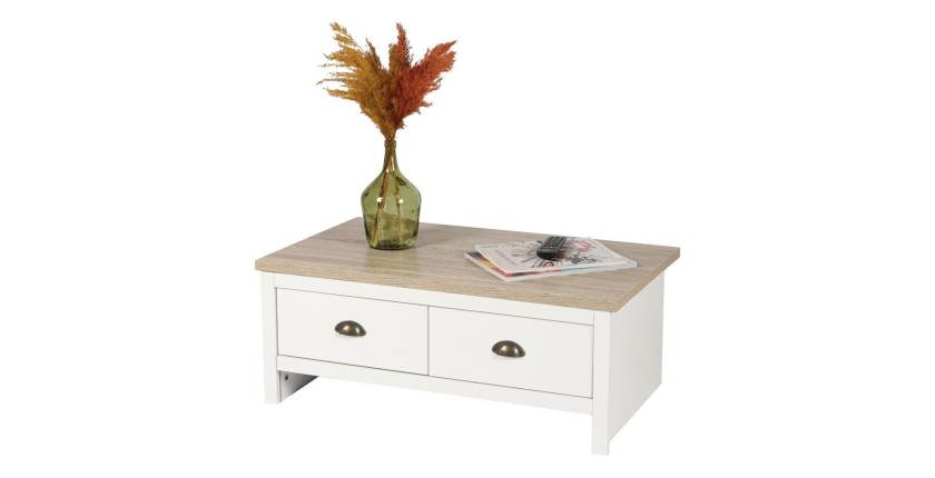 Salontafel met 2 lades in koloniale stijl - 90x53xH36 cm, wit en licht eiken blad - Collectie MADERA