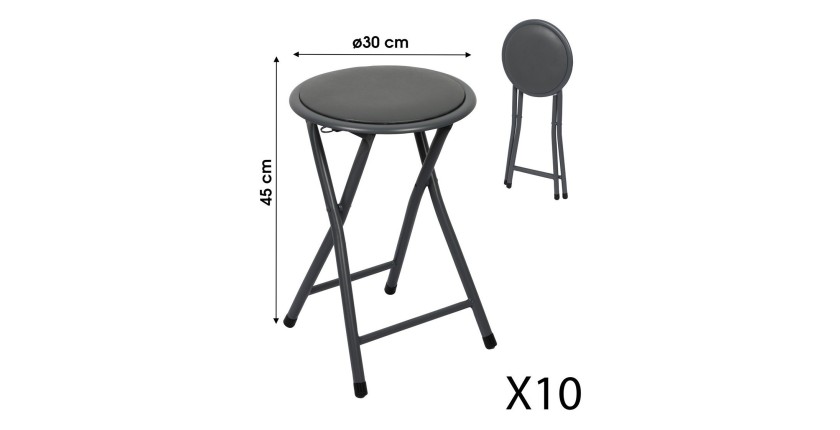 Lot de 10 tabourets pliables – Collection BASICUS, coloris noir, assise en PU, diamètre 30 cm, hauteur 45 cm