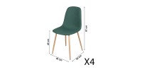 Lot de 4 chaises en tissu vert avec pieds en métal effet bois – Dimensions 45x87x54 cm, hauteur d'assise 49 cm – NORDICA