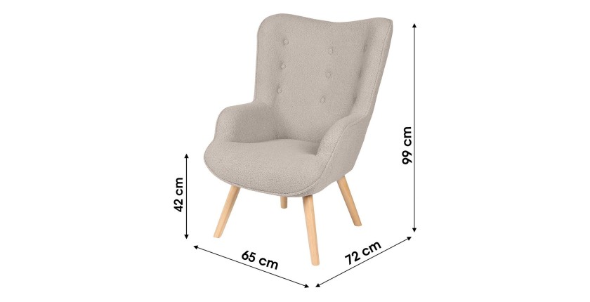 Fauteuil de salon en tissu teddy gris avec pieds en bois collection ENJOY. Style scandinave