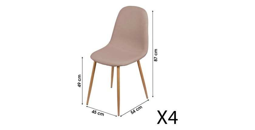 Lot de 4 chaises en tissu taupe avec pieds en métal effet bois – 45x87x54 cm, hauteur d'assise 49 cm – Collection NORDICA