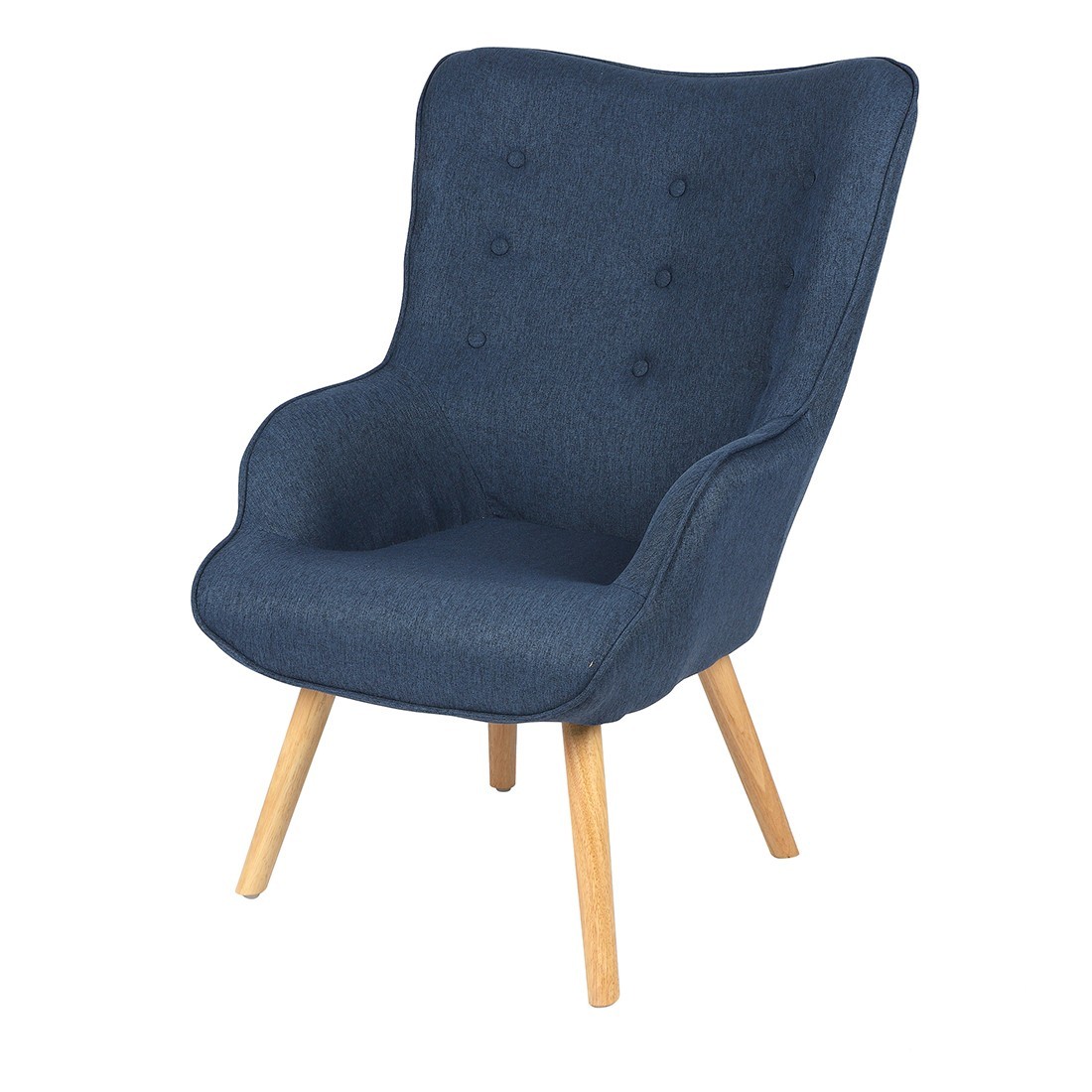 Fauteuil de salon en tissu bleu denim avec pieds en bois collection ENJOY. Style scandinave