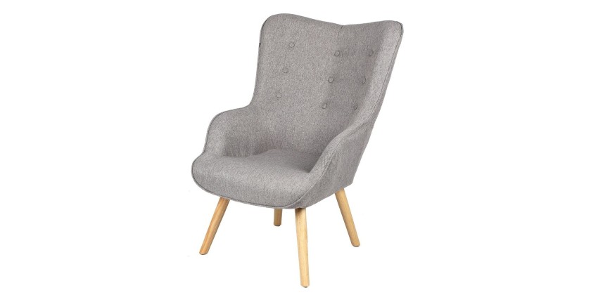 Fauteuil de salon en tissu gris clair avec pieds en bois collection ENJOY. Style scandinave