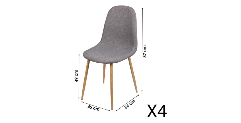 Lot de 4 chaises en tissu gris clair avec pieds en métal effet bois – 45x87x54 cm, hauteur d'assise 49 cm – Collection NORDICA