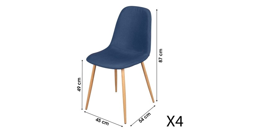 Lot de 4 chaises en tissu bleu avec pieds en métal effet bois – 45x87x54 cm, hauteur d'assise 49 cm – Collection NORDICA