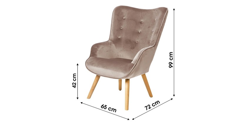 Fauteuil de salon en velours beige avec pieds en bois collection ENJOY. Style scandinave