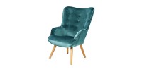 Fauteuil de salon en velours bleu canard avec pieds en bois collection ENJOY. Style scandinave