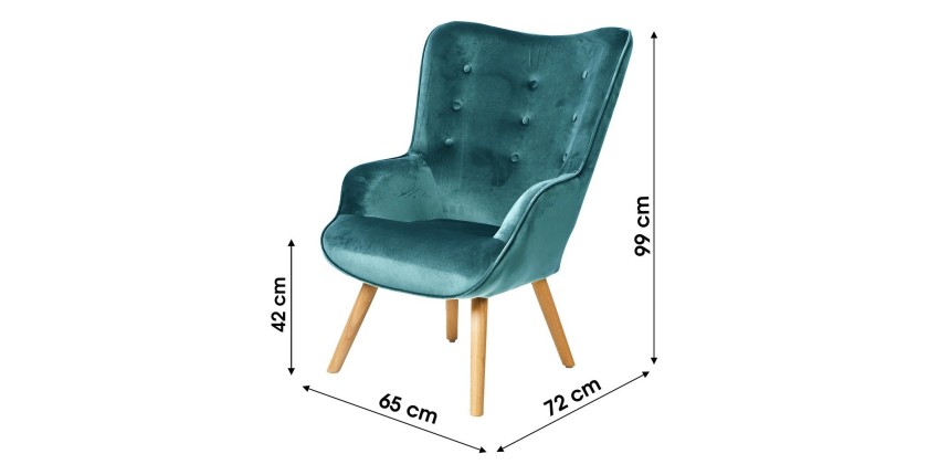 Fauteuil de salon en velours bleu canard avec pieds en bois collection ENJOY. Style scandinave