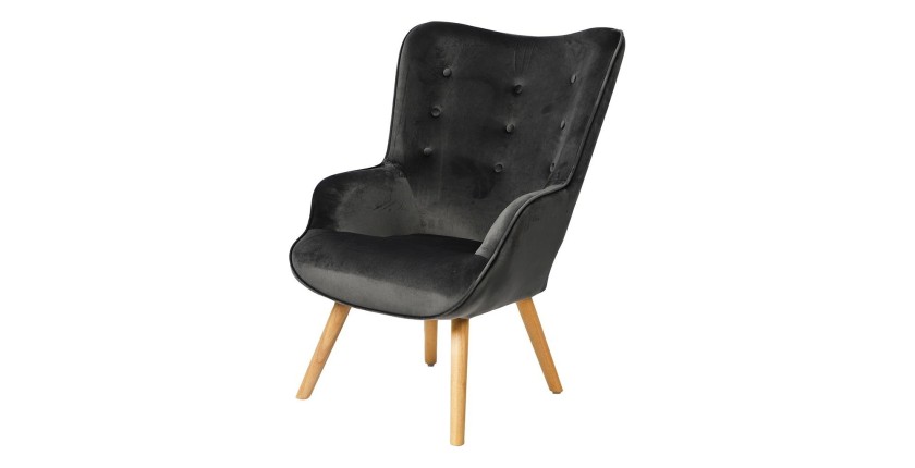 Fauteuil de salon en velours gris foncé avec pieds en bois collection ENJOY. Style scandinave