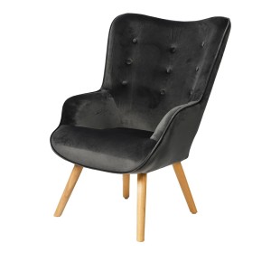 Fauteuil de salon en velours gris foncé avec pieds en bois collection ENJOY. Style scandinave