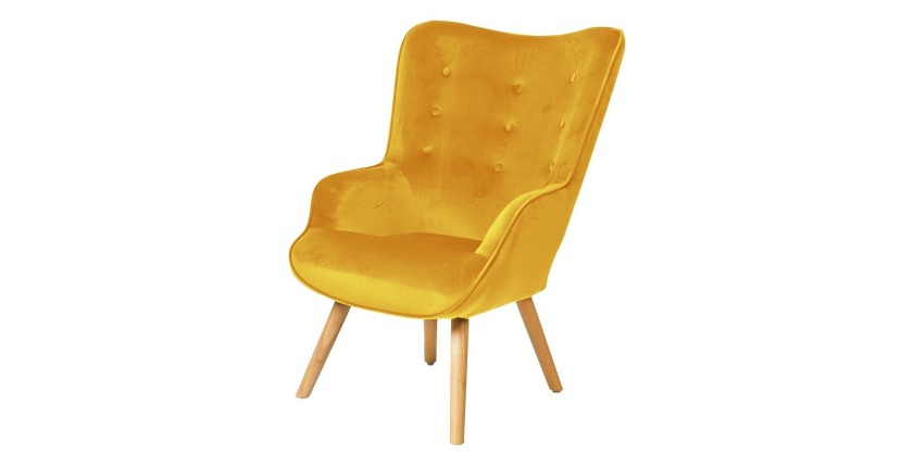 Fauteuil de salon en velours jaune moutarde avec pieds en bois collection ENJOY. Style scandinave