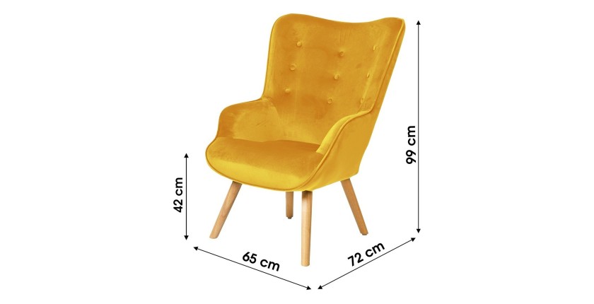 Fauteuil de salon en velours jaune moutarde avec pieds en bois collection ENJOY. Style scandinave