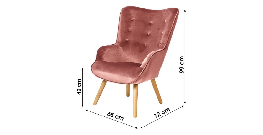 Fauteuil de salon en velours rose avec pieds en bois collection ENJOY. Style scandinave