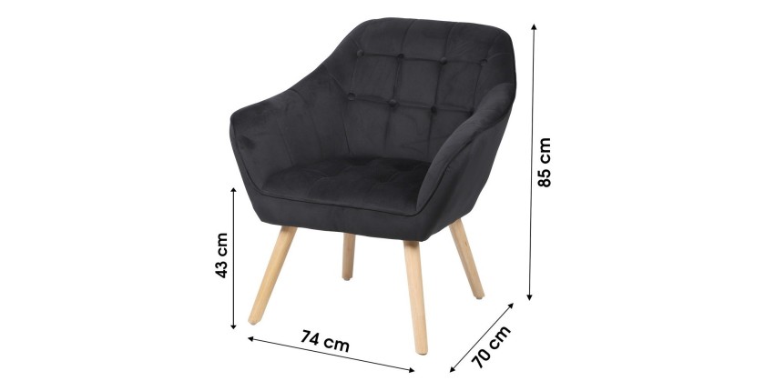 Fauteuil en velours noir avec pieds en bois – 74x70xH85 cm, hauteur d'assise 43 cm – Collection VELUREA