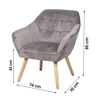 Fauteuil en velours gris clair avec pieds en bois – 74x70xH85 cm, hauteur d'assise 43 cm – Collection VELUREA