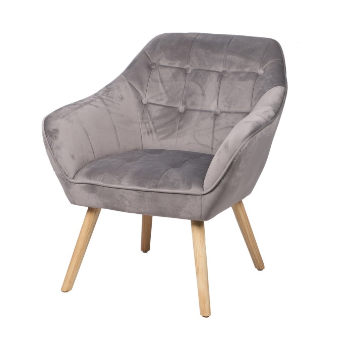 Fauteuil en velours gris clair avec pieds en bois – 74x70xH85 cm, hauteur d'assise 43 cm – Collection VELUREA