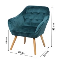 Fauteuil en velours bleu canard avec pieds en bois – 74x70xH85 cm, hauteur d'assise 43 cm – Collection VELUREA