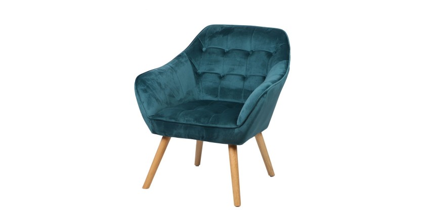 Fauteuil en velours bleu canard avec pieds en bois – 74x70xH85 cm, hauteur d'assise 43 cm – Collection VELUREA