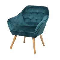 Fauteuil en velours bleu canard avec pieds en bois – 74x70xH85 cm, hauteur d'assise 43 cm – Collection VELUREA