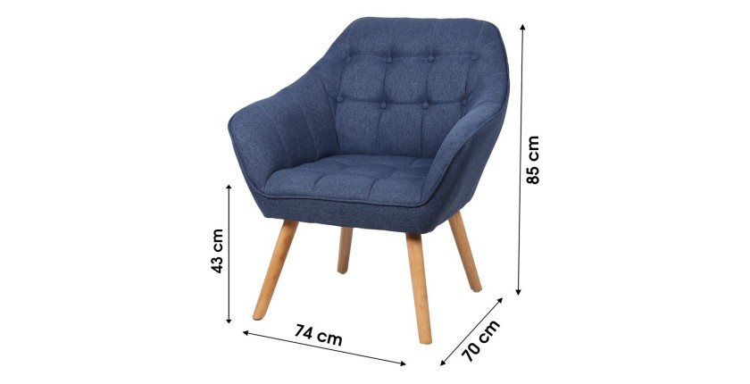 Fauteuil en tissu bleu avec pieds en bois – 74x70xH85 cm, hauteur d'assise 43 cm – Collection ARCTIKA