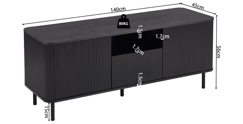 Meuble TV VAGOS – 1 niche, 1 tiroir, 2 portes, 3 passes câbles – L140 x H56 x P45 cm – Brun foncé – Design moderne