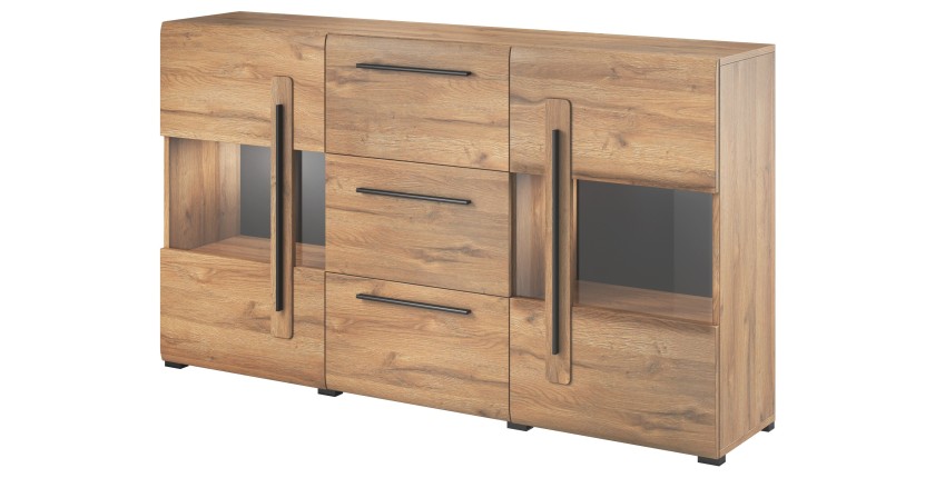 Buffet 180cm collection BREDA deux portes partiellement vitrées et trois tiroirs. Coloris Chêne