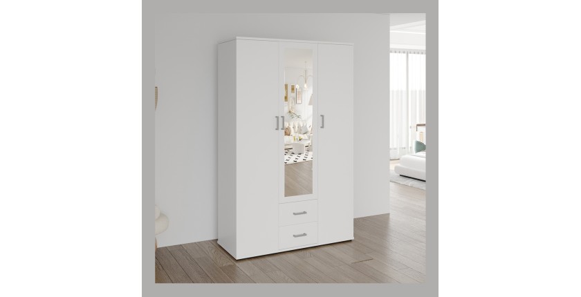 Armoire 3 portes avec miroir TOM – Dimensions H185 x L120 x P52 cm – Coloris blanc – Style design