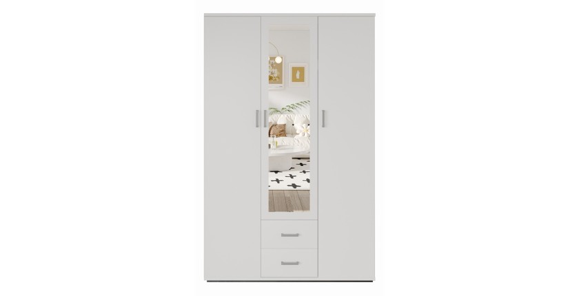 Armoire 3 portes avec miroir TOM – Dimensions H185 x L120 x P52 cm – Coloris blanc – Style design